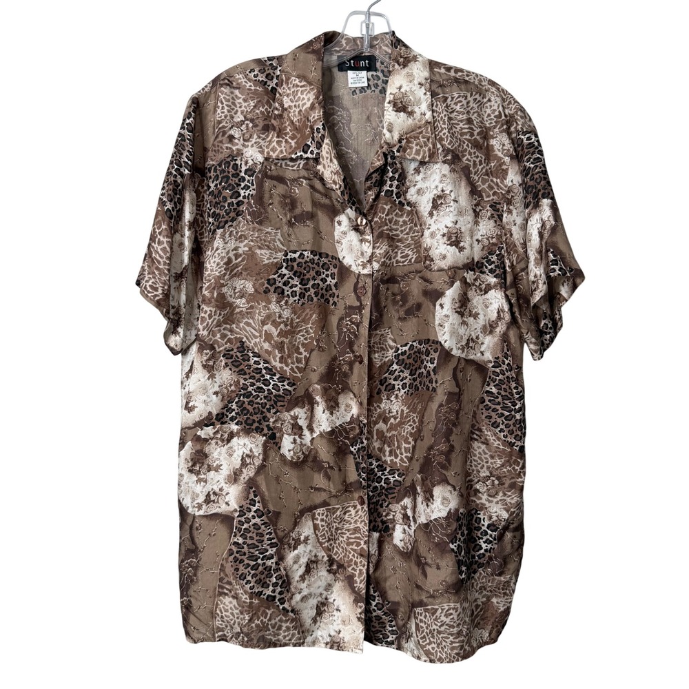 Stunt Silk Shirt Women Medium Brown Animal Print Short Sleeve Button Down Top